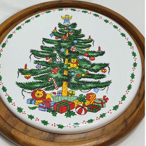 Towle Christmas Tree Holiday Cheese Board Server Teakwood Plate w/Glass Dome VTG - Picture 2 of 10